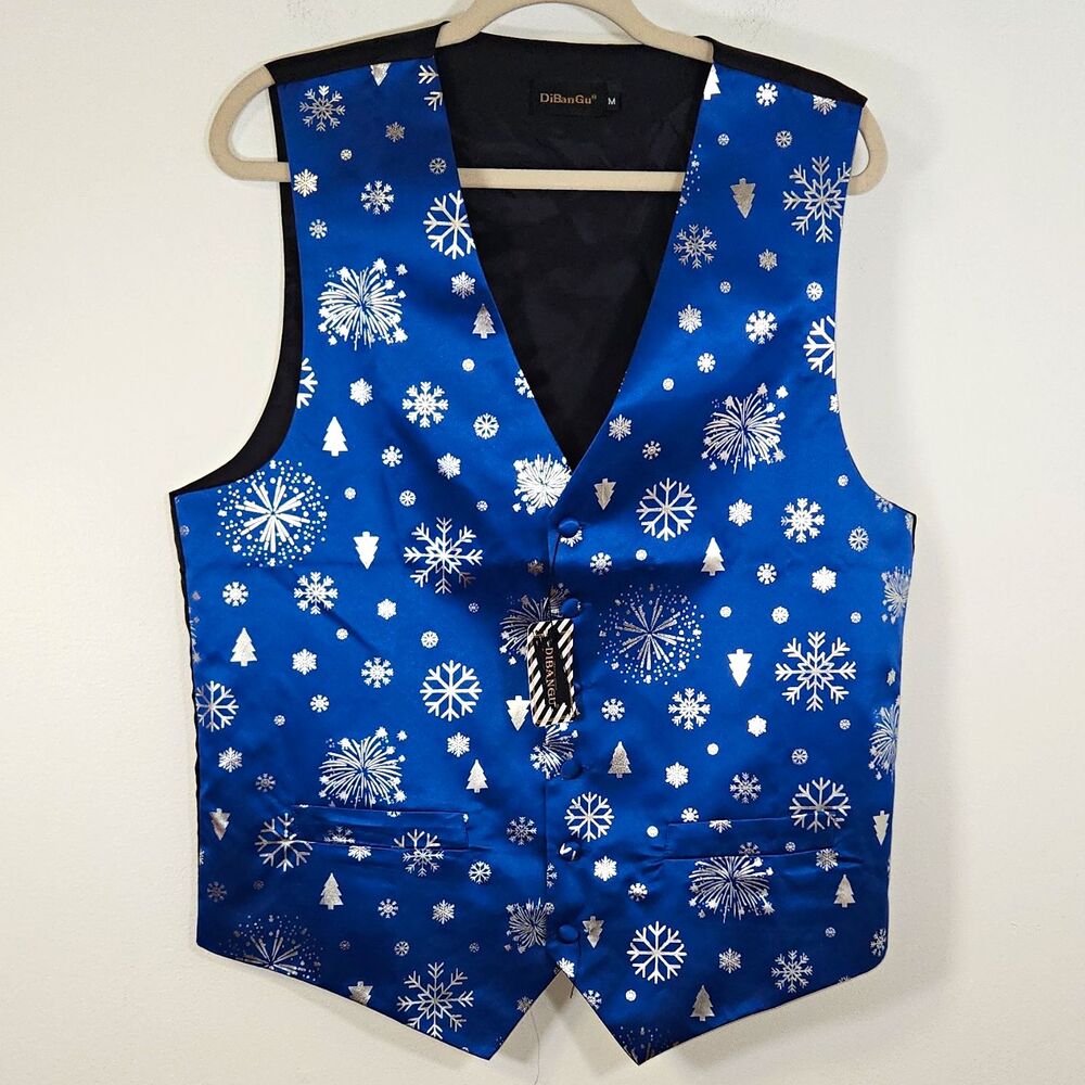 Men's Formal Holiday Vest Size MED Blue/Silver Satin Snowflake Pattern